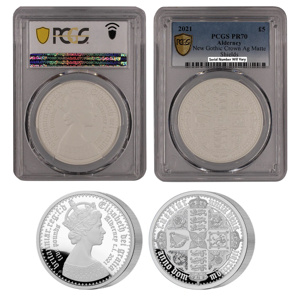 2021 $5 Alderney New Gothic Crown Matte Shields Proof Silver PCGS PR70