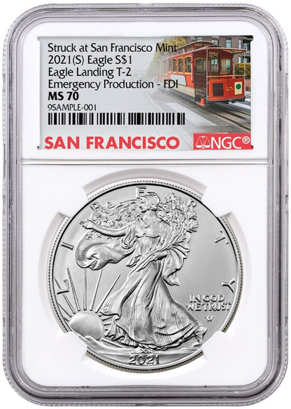 2021 (S) Silver Eagle Landing Type 2 - Emergency Production - NGC MS70 First Day of Issue Trolley Label