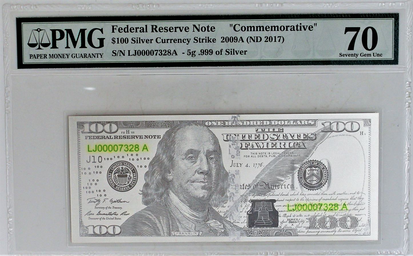 2017 5 gram Benjamin Franklin $100 Silver Currency Strike 2009A - PMG 70