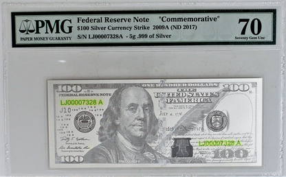2017 5 gram Benjamin Franklin $100 Silver Currency Strike 2009A - PMG 70