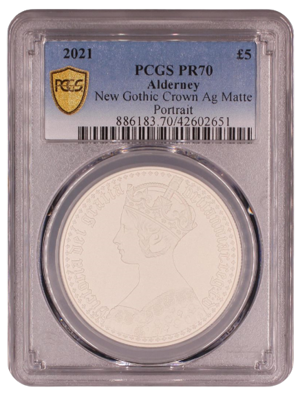 2021 $5 Alderney New Gothic Crown Matte Portrait Proof Silver PCGS PR70