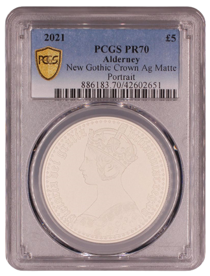 2021 $5 Alderney New Gothic Crown Matte Portrait Proof Silver PCGS PR70