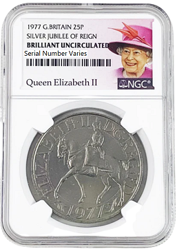 1977 Great Britian 25P - Silver Jubilee of Reign - Queen Elizabeth II NGC BU