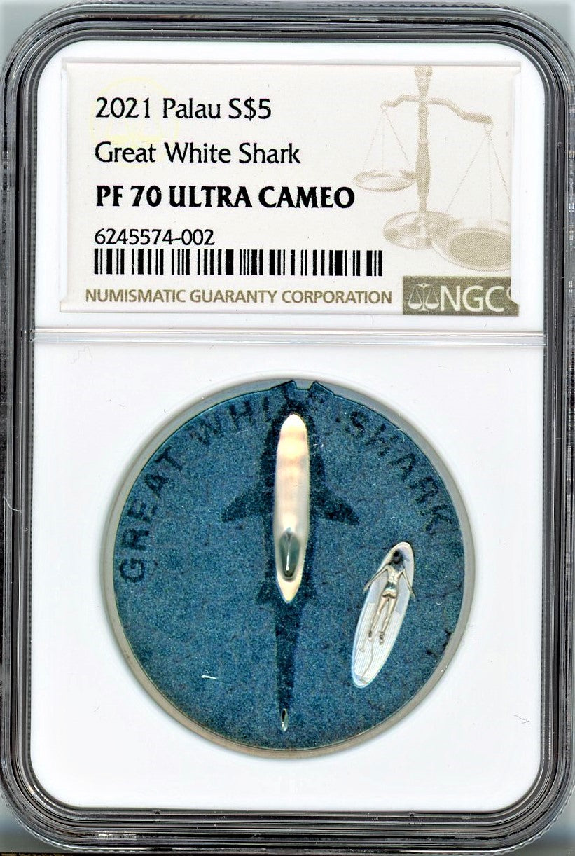 2021 Palau S $5 Great White Shark - 1 oz Silver - NGC PF70 Ultra Cameo