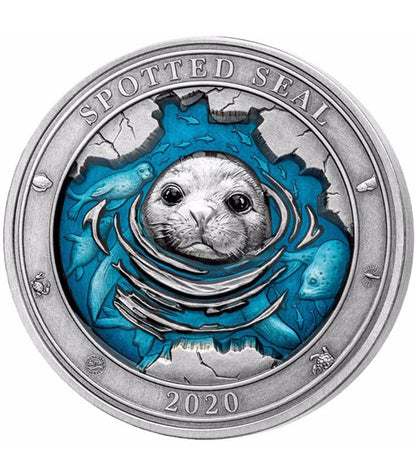 2020 Underwater World $5 Spotted Seal - Barbados 3 Oz .999 Silver Coin