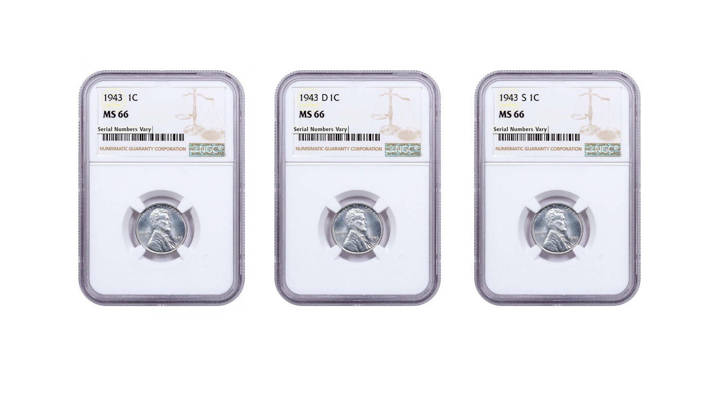 1943 Lincoln Steel Cent P/D/S 3 pc Set- NGC MS66