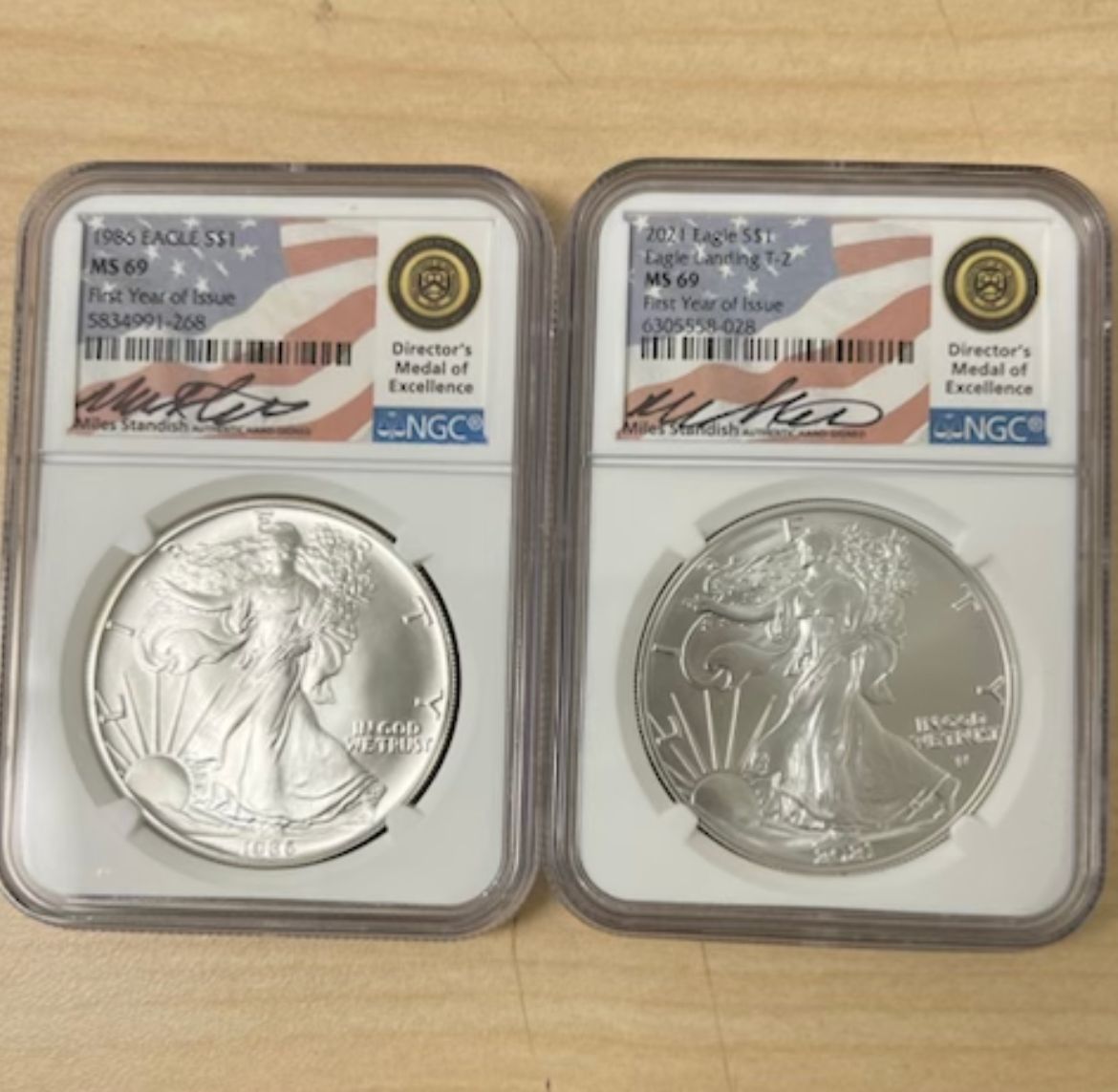 1986 & 2021 Silver Dollar Eagle NGC MS69 - First Year of Issue Set - Miles Standish Label