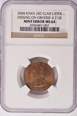 2004 Iowa Quarter Dollar Denver - Missing Clad Layer - NGC MS64