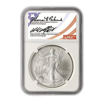 2007 W Burnished Silver Dollar Eagle - Double Signature Anna Cabral & Miles Standish Label NGC MS70