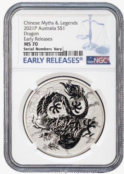 2021 Australian Dragon 1 oz Silver - Chinese Myths & Legends - Perth Mint - NGC MS 70 Early Release