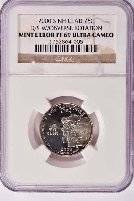 2000 Proof New Hampshire Quarter Obverse Double-Struck & Rotated PF69