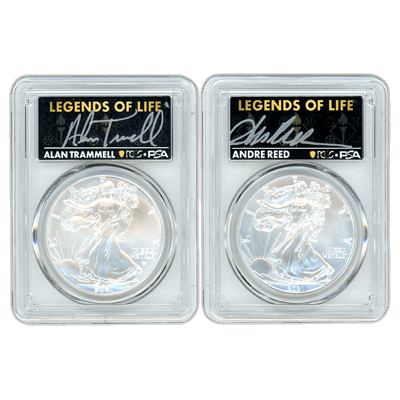 2021 Legends of Life $1 2pc Silver Eagle Set - Andre Reed/Alan Trammell Labels PCGS MS70