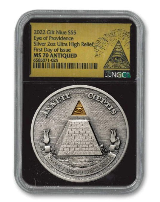 2022 Niue 2 oz Antiqued Silver Eye of Providence Ultra High Relief NGC MS70 First Day of Issue