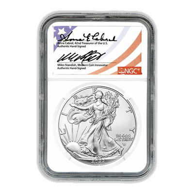 2022 Silver Eagle - First Day of Issue - Double Signature  Anna Cabral & Miles Standish Label NGC MS70
