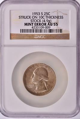 1953 S Washington Quarter Struck on Nickel Planchet Error - NGC AU55