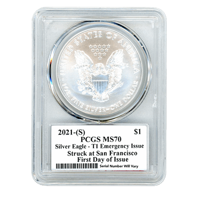 2021 (S) Silver Eagle San Francisco - Type 1 Emergency Issue  PCGS MS70 First Day of Issue Jim Peed Signature Label