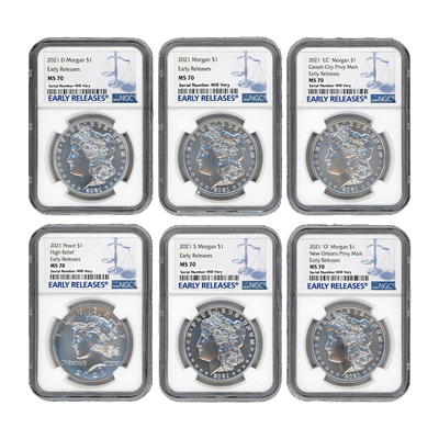 2021 Morgan Silver Dollar 6 pc. Set  NGC MS70 Early Release