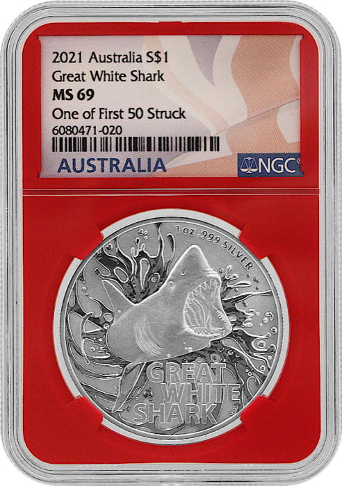 2021 Great White Shark - 1 Oz Silver - Royal Australian Mint - NGC MS69