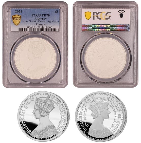 2021 $5 Alderney New Gothic Crown Matte Portrait Proof Silver PCGS PR70