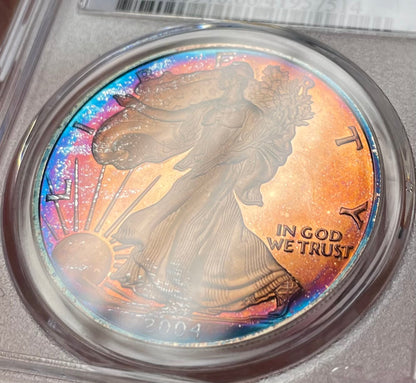 2004 Silver Eagle Proof - PCGS PF66 DCAM - Deep Rainbow Toned
