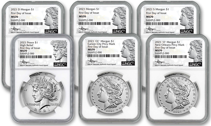 2021 Morgan Silver Dollar 6 pc Set - NGC MS70 First Day of Issue Mercanti Signature