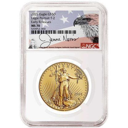 2021 $50 Gold Eagle 1 oz - Business Strike - Type 2 - ER Early Release Jennie Norris Label NGC MS70