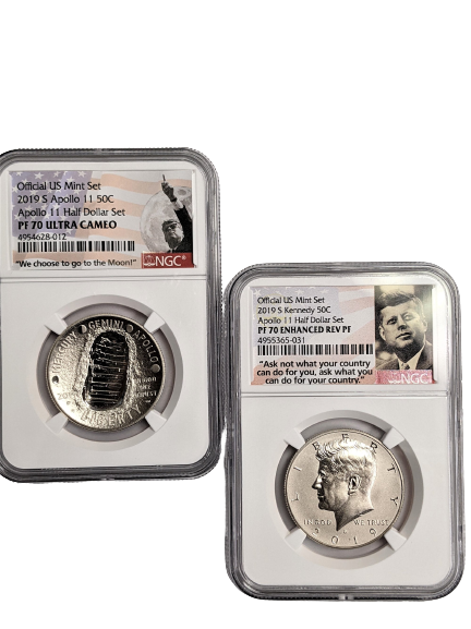 2019 S Apollo 11 50th Anniversary Kennedy Half Dollar 2 pc Set - NGC PF70 UC & Enhanced Rev Proof