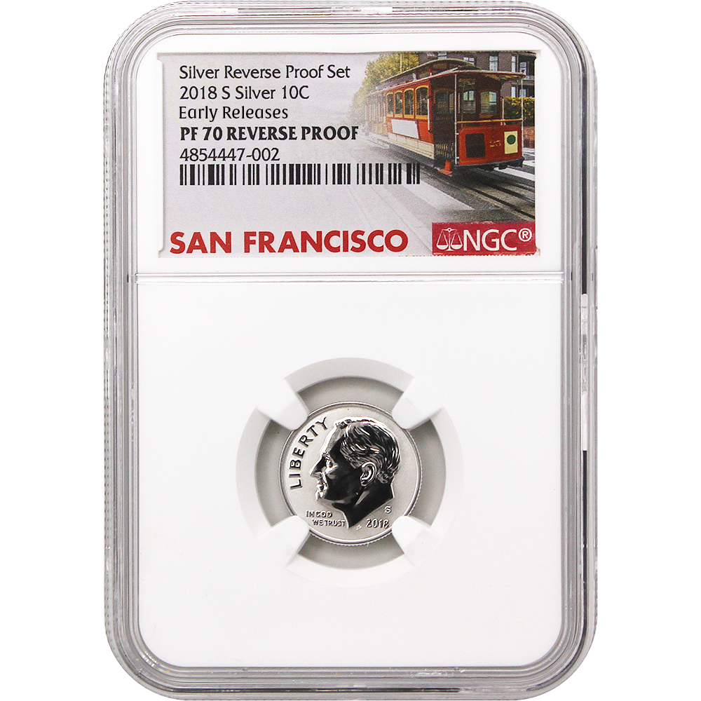 2018 US Silver Reverse Proof Set 10 pc - NGC PF70 Early Release ER Trolley Label